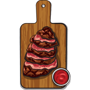 Steak Juicy beef steak on a wooden cutting board with a small bowl of red sauce
