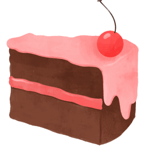 Cake A slice of delicious chocolate cake with pink frosting and a cherry on top