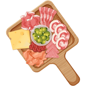 Ham and cheese A wooden board with ham and cheese on it