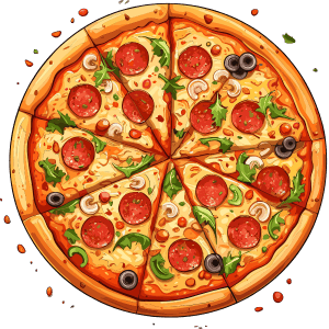 Pizza A thin crust pizza with peppers and pepperoni