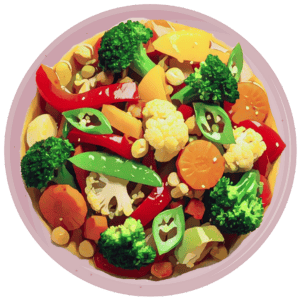 Vegetables Dip A plate of cooked vegetables, including peppers, broccoli, carrots, and chickpeas
