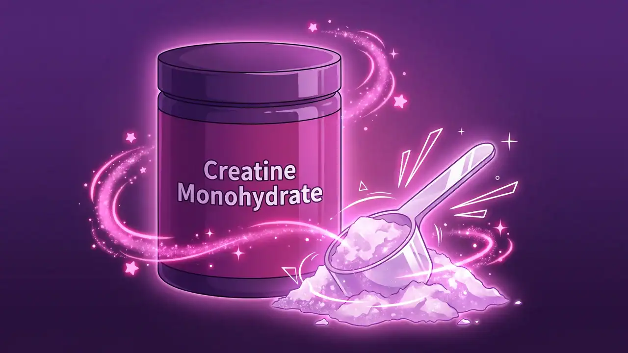 Best creatine monohydrate scoop and tub, anime-style illustration with energy particles in the Habit Hacker purple and pink palette
