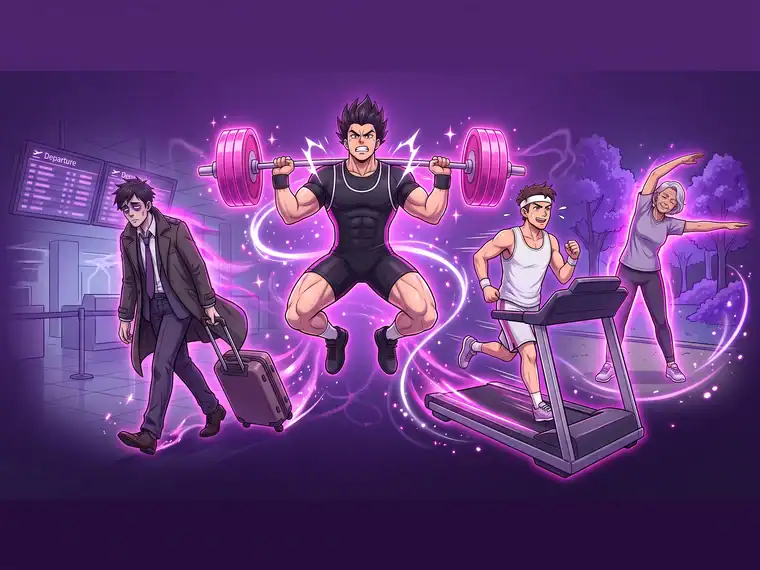 Anime-style illustration of four different everyday creatine users — a strength athlete, a jet-lagged traveler, a casual gym-goer, and an active older adult — in the Habit Hacker purple and pink palette
